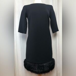 Tahari ASL Sheath Dress Black Evening Cocktail Faux Fur Hem 3/4 Sleeve Midi 2